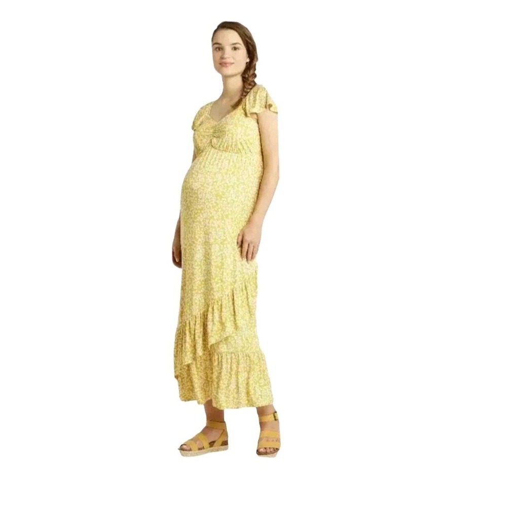 Isabel Maternity Yellow Floral Maxi Dress XL Ruched Sweetheart Flutter Sleeve